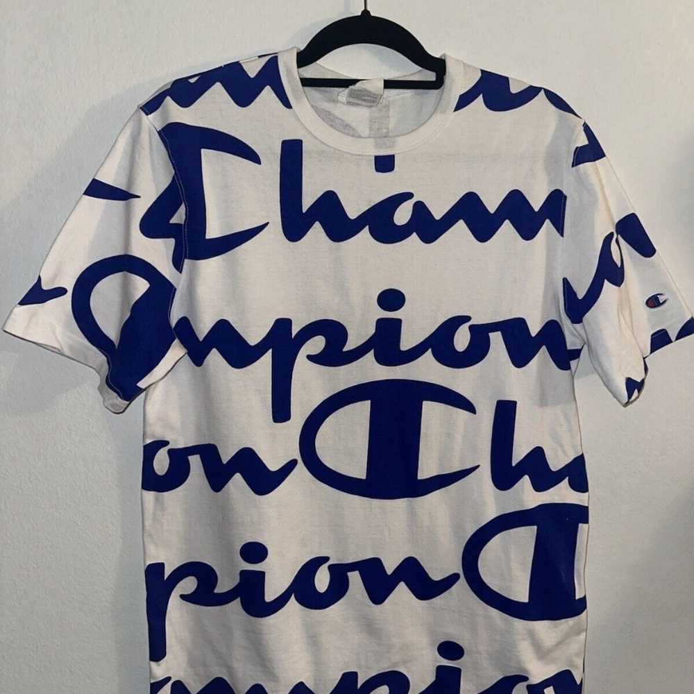Champion Logo T Shirt Men Medium Blue & White Full Print Athletic USA